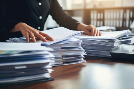 Business Documents concept: Employee woman hands working in Stacks paper files. ai generatedの素材