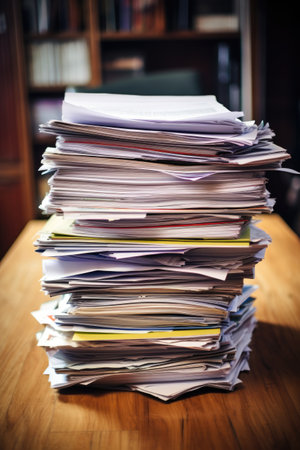 bundles bales of paper documents. stacks packs pile on the desk in the office. ai generatedの素材