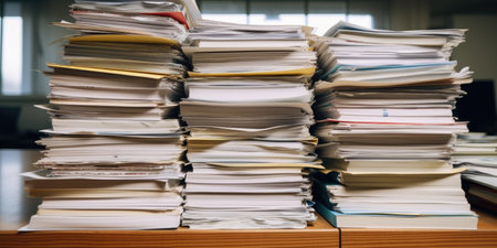 bundles bales of paper documents. stacks packs pile on the desk in the office. ai generatedの素材
