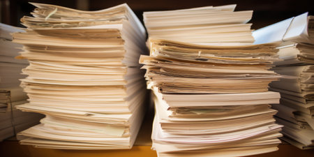 bundles bales of paper documents. stacks packs pile on the desk in the office. ai generatedの素材
