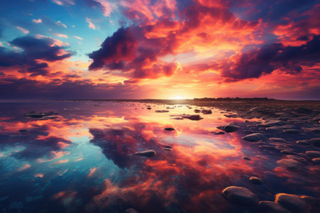 Peaceful landscape with sunset over water. AI Generatedの素材