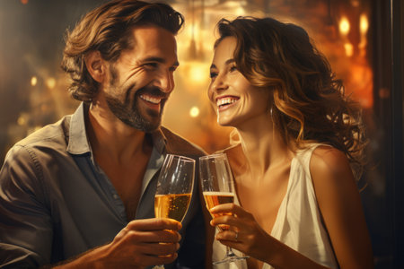 Christmas party time. Young people toasting with champagne flutes. Multiethnic friends congratulating each other with the new year. AI Generatedの素材