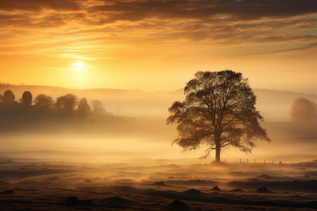Peaceful landscape with tree and foggy fields, golden hour, sunrise. AI Generatedの素材
