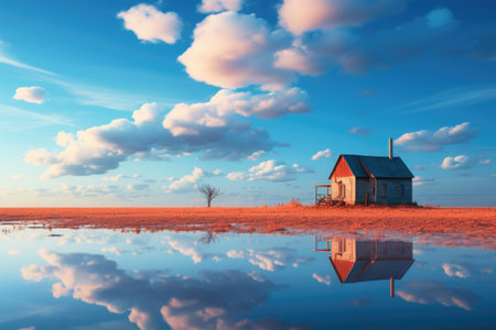 Peaceful countryside landscape with lonely house, blue hour, sunrise. AI Generatedの素材