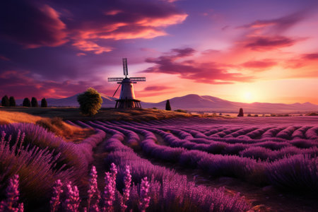 Peaceful countryside landscape with lavender fields, golden hour, sunrise. AI Generatedの素材