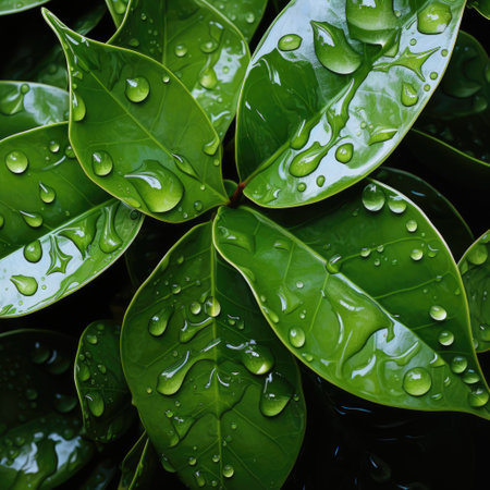 Spring summer natural background. closeup of water drops on tea leaves. AI Generatedの素材