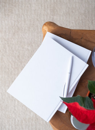 blank books for mockup design with pen and poinsettia plantの写真素材