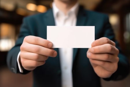 Hand of businessman showing white visit card. AI Generatedの素材