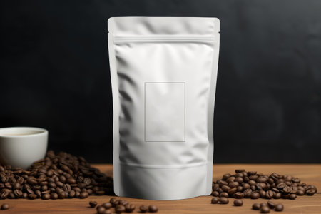 Coffee Bag Pouch mockup isolated. Empty foil for food. Packaging with valve and seal. AI Generatedの素材