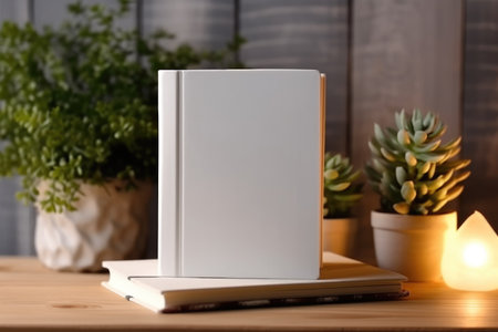 White book mockup with a succulent plant on a white table. AI Generatedの素材