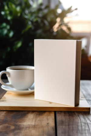White book blank cover mockup on wooden coffee table. AI Generatedの素材