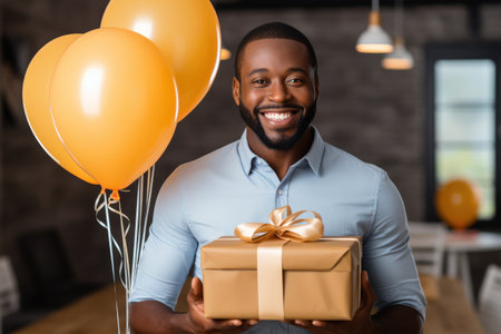 People, joy, fun and happiness concept. happy African American birthday man holding with gift box, balloons in the background. AI Generatedの素材