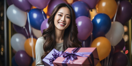 People, joy, fun and happiness concept. happy Asian birthday woman holding with gift box, balloons in the background. AI Generatedの素材