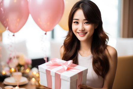People, joy, fun and happiness concept. happy Asian birthday woman holding with gift box, balloons in the background. AI Generatedの素材