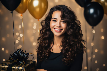 People, joy, fun and happiness concept. happy mixed race birthday woman holding with gift box, gold and black balloons in the background. AI Generatedの素材