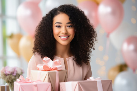People, joy, fun and happiness concept. happy mixed race birthday woman holding with gift box, balloons in the background. AI Generatedの素材