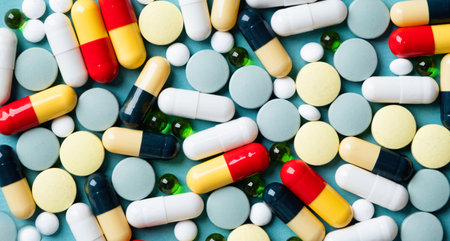 Different pills on color blue background, flat lay, pills backgroundの写真素材
