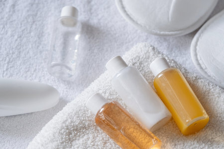 Travel cosmetics kit with bottles, pills and cosmetics on bed, top viewの写真素材