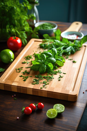 Culinary background. wooden cutting board with cut vegetables in the kitchen. ai generatedの素材