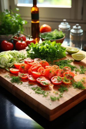 Culinary background. wooden cutting board with cut vegetables in the kitchen. ai generatedの素材
