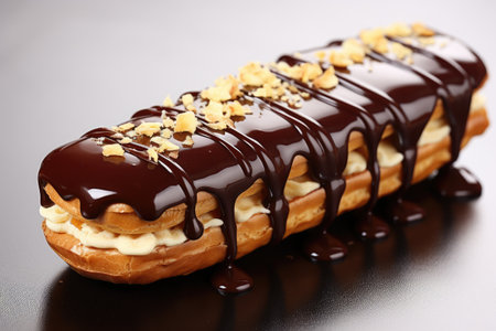 Eclair with custard isolated on dark background. Traditional French pastry. Eclair with cream filling. ai generatedの素材
