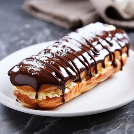 Eclair with custard isolated on dark background. Traditional French pastry. Eclair with cream filling. ai generatedの素材