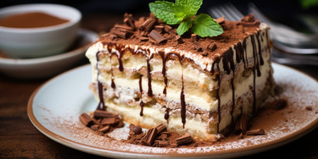Close up on a portion of gourmet tiramisu Italian dessert topped with a sprig of mint served on a plate at table in a side view. ai generatedの素材