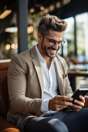 young handsome millennial man sitting in soft chair using smartphone. ai generatedの素材