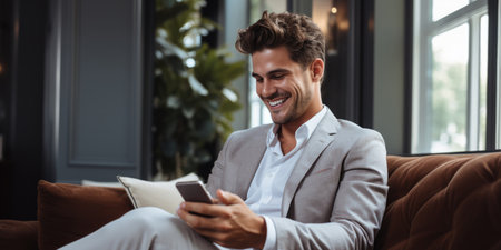 young handsome millennial man sitting in soft chair using smartphone. ai generatedの素材