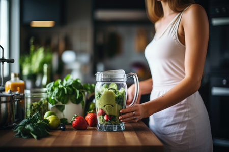 woman making smoothie using kitchen blender. ai generatedの素材