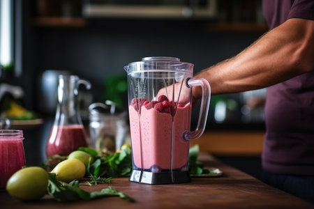 unrecognizable man hands making smoothie using kitchen blender. ai generatedの素材