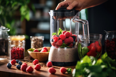 unrecognizable man hands making smoothie using kitchen blender. ai generatedの素材