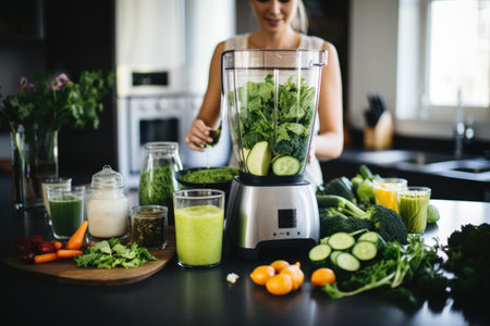 unrecognizable woman making smoothie using kitchen blender. ai generatedの素材