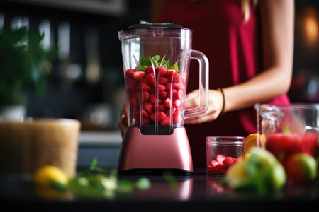 unrecognizable woman making smoothie using kitchen blender. ai generatedの素材