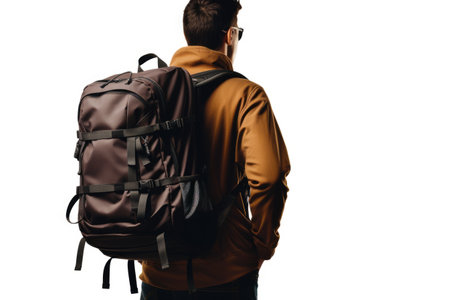 Backpack man wearing warm clothes waiting for departure in the airport, back view isolated on white. ai generatedの素材