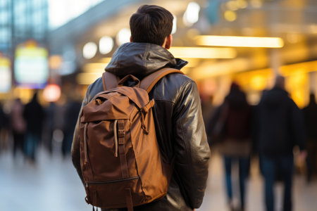 Backpack man wearing warm clothes waiting for departure in the airport, back view. ai generatedの素材