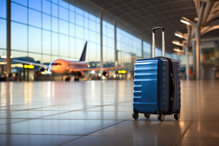 Travel Fashion. Air Traveling And Vacation Booking Concept. Closeup Shot Of Two Plastic Suitcases Standing by the plane. ai generatedの素材