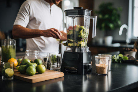 unrecognizable man hands making smoothie using kitchen blender. ai generatedの素材