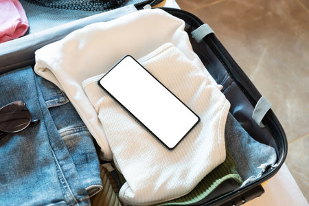 Travel concept. opened packed suitcase on bed in hotel room, smartphone screen mockupの写真素材
