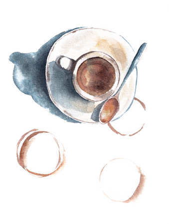 Hand watercolor Painted Cup of cappuccino Coffee with abstract stains isolated on white backgroundの写真素材