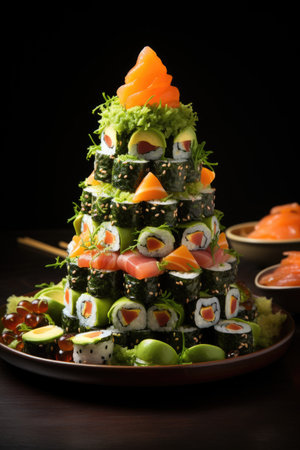Christmas tree made of sushi, front view. ai generatedの素材