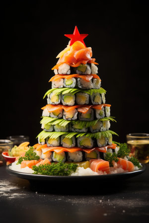 Christmas tree made of sushi, front view. ai generatedの素材