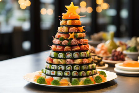 Christmas tree made of sushi, front view. ai generatedの素材