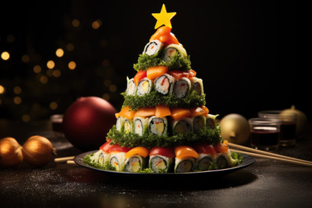 Christmas tree made of sushi, front view. ai generatedの素材