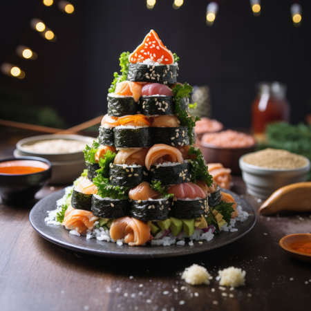 Christmas tree made of sushi, front view. ai generatedの素材