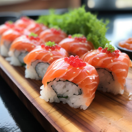 platter of sushi rolls on gray cement background. ai generatedの素材