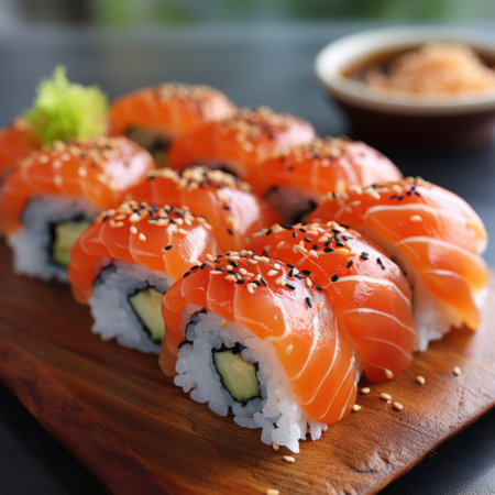 platter of sushi rolls on gray cement background. ai generatedの素材
