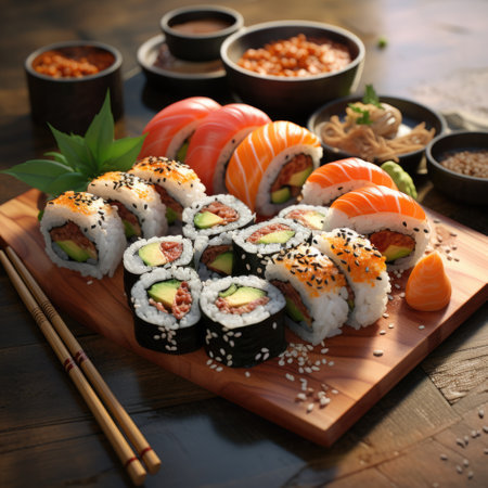 platter of sushi rolls on gray cement background. ai generatedの素材