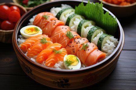 Salmon Bento. Japanese Bento box. ai generatedの素材