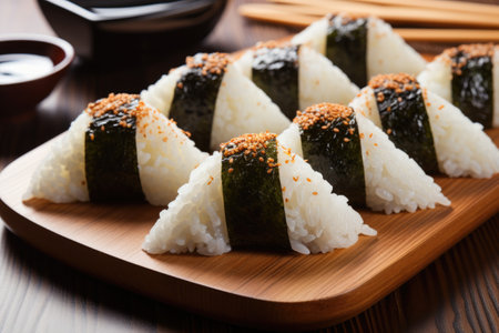 Japanese Onigiri, traditional Japanese food, copy space. ai generatedの素材